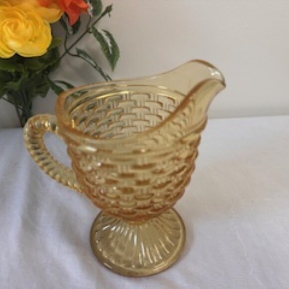 Vintage Imperial Yellow Basket Weave Glass Pitcher – Pedestal Footed Swirl Handl - Picture 2 of 4